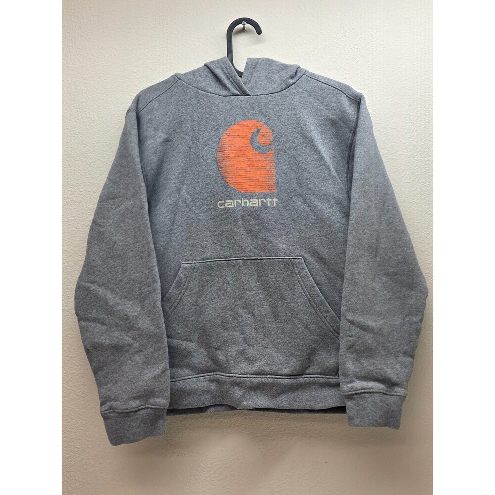 Carhartt Boys Large 14/16 Hoodie Gray Orange Logo Graphic Pullover Sweatshirt